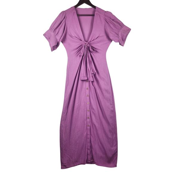 Free People Vintage Summer Puff Sleeve Maxi Dress Women XS/S Purple Tie Front - Picture 2 of 16